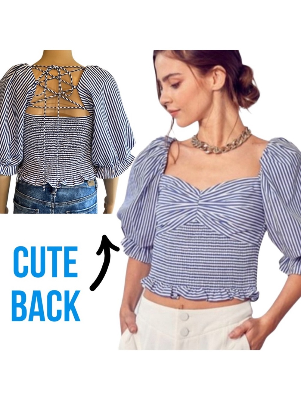 $8 if bundled Do + Be Blue White Striped Puff Sleeve Cropped Top Small